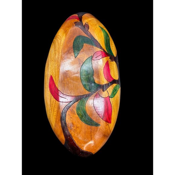 VTG MCM Hand-Carved Exotic Wood Divided Serving Bowl W/ Hand-Painted Floral Desi - Picture 9 of 13